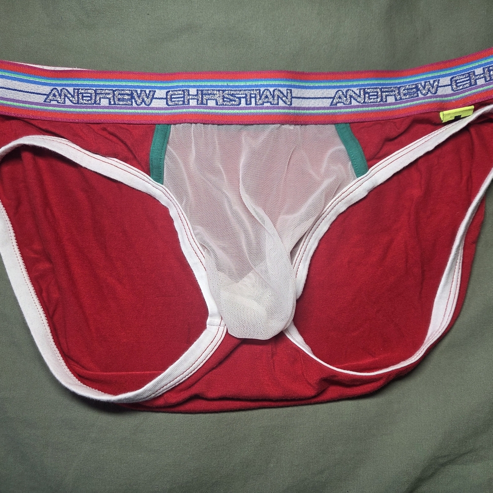 Andrew Christian Red Brief with White Mesh and Green Trim